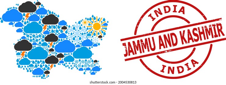 Climate collage map of Jammu and Kashmir State, and textured red round stamp seal. Geographic vector collage map of Jammu and Kashmir State is organized with random rain, cloud, sun,