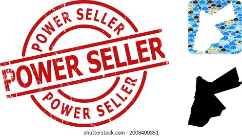 Climate collage map of Jordan, and grunge red round Power Seller stamp. Geographic vector collage map of Jordan is composed as carved shape from rounded square and random rain, cloud, sun,