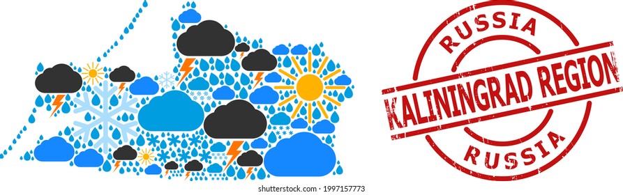 Mapa de collage climático de la región de Kaliningrado y sello rojo de goma. El mapa geográfico de colaje vectorial de la región de Kaliningrado está construido con elementos aleatorios de lluvia, nube, sol, tormenta.
