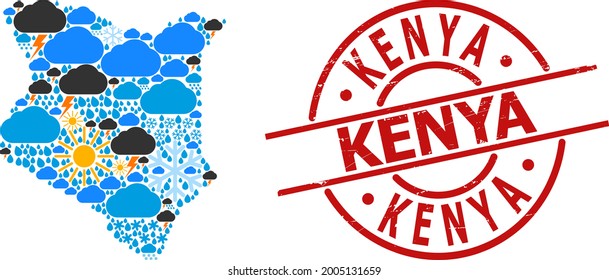 Climate collage map of Kenya, and textured red round badge. Geographic vector collage map of Kenya is constructed with random rain, cloud, sun, thunderstorm items.