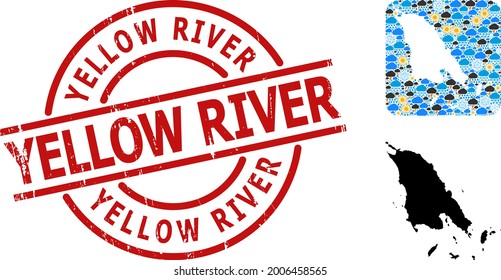 Climate collage map of Koh Chang, and rubber red round Yellow River seal. Geographic vector collage map of Koh Chang is designed as carved shape from rounded square and randomized rain, cloud, sun,
