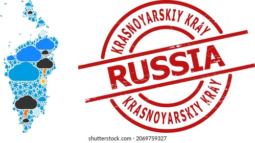 Climate collage map of Krasnoyarskiy Kray, and rubber red round stamp seal. Geographic vector concept map of Krasnoyarskiy Kray is constructed with random rain, cloud, sun, thunderstorm symbols.