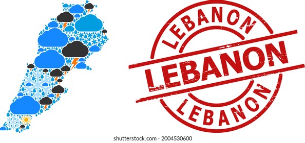 Climate collage map of Lebanon, and textured red round seal. Geographic vector collage map of Lebanon is combined from scattered rain, cloud, sun, thunderstorm elements.