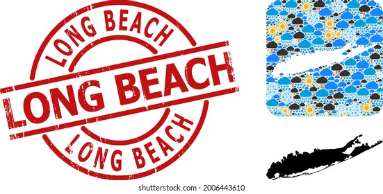 Climate collage map of Long Island, and rubber red round Long Beach stamp seal. Geographic vector collage map of Long Island is created as hole from rounded square and randomized rain, cloud, sun,