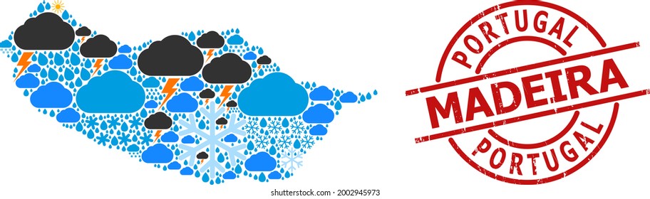 Climate collage map of Madeira Island, and textured red round seal. Geographic vector collage map of Madeira Island is done from randomized rain, cloud, sun, thunderstorm.