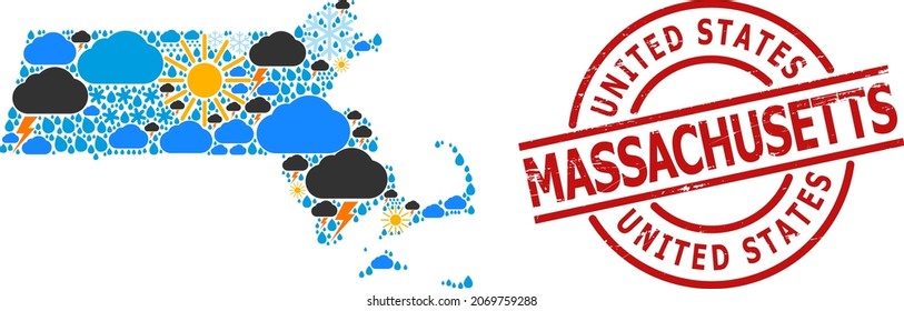 Climate collage map of Massachusetts State, and distress red round seal. Geographic vector collage map of Massachusetts State is constructed from randomized rain, cloud, sun, thunderstorm items.