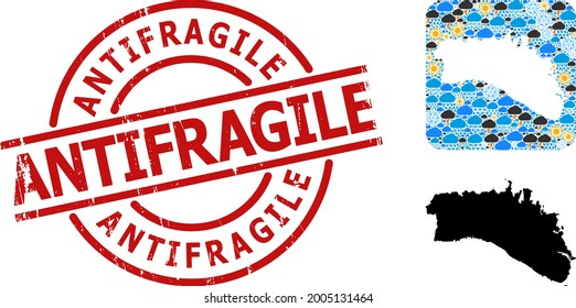 Climate collage map of Menorca Island, and distress red round Antifragile badge. Geographic vector collage map of Menorca Island is designed as hole from rounded square and randomized rain, cloud,