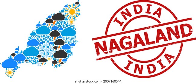 Climate collage map of Nagaland State, and textured red round seal. Geographic vector collage map of Nagaland State is constructed from scattered rain, cloud, sun, thunderstorm symbols.