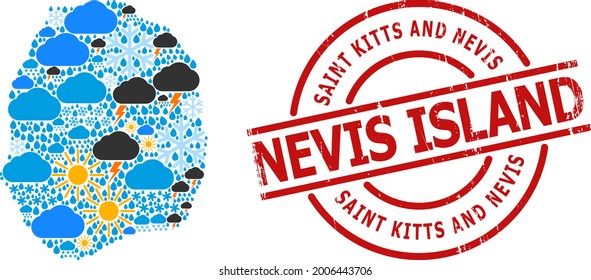 Climate collage map of Nevis Island, and distress red round stamp. Geographic vector collage map of Nevis Island is done with randomized rain, cloud, sun, thunderstorm symbols.