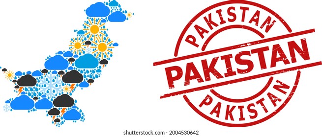 Climate collage map of Pakistan, and grunge red round stamp seal. Geographic vector collage map of Pakistan is created with random rain, cloud, sun, thunderstorm icons.