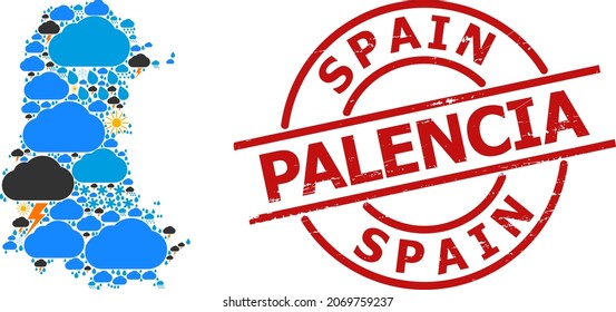 Climate collage map of Palencia Province, and rubber red round stamp. Geographic vector mosaic map of Palencia Province is constructed with random rain, cloud, sun, thunderstorm icons.