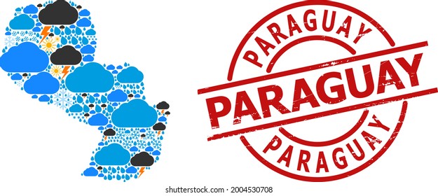 Climate collage map of Paraguay, and scratched red round stamp. Geographic vector collage map of Paraguay is done with randomized rain, cloud, sun, thunderstorm items.