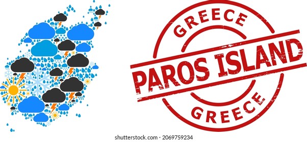 Climate collage map of Paros Island, and rubber red round badge. Geographic vector collage map of Paros Island is composed from random rain, cloud, sun, thunderstorm elements.