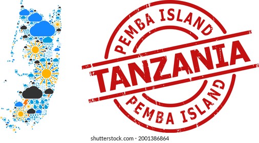 Climate collage map of Pemba island, and distress red round badge. Geographic vector composition map of Pemba island is constructed from scattered rain, cloud, sun, thunderstorm items.