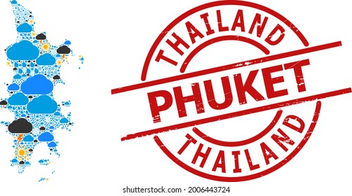 Klima-Collage Karte von Phuket, und Not roten rund Robbe. Geografische Vektorgrafik von Phuket ist mit zufälligem Regen, Wolke, Sonne, Gewitter kombiniert.