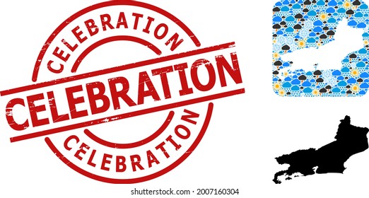 Climate collage map of Piaui State, and rubber red round Celebration stamp seal. Geographic vector collage map of Piaui State is composed as hole from rounded square and randomized rain, cloud, sun,