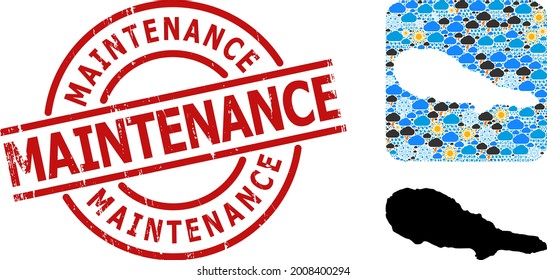 Climate collage map of Pico Island, and textured red round Maintenance seal. Geographic vector collage map of Pico Island is constructed as stencil from rounded square and random rain, cloud, sun,
