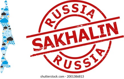 Climate collage map of Sakhalin Island, and scratched red round stamp. Geographic vector composition map of Sakhalin Island is composed with random rain, cloud, sun, thunderstorm symbols.