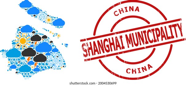 Climate collage map of Shanghai Municipality, and grunge red round stamp seal. Geographic vector collage map of Shanghai Municipality is organized with random rain, cloud, sun, thunderstorm elements.