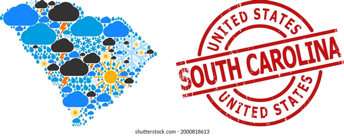 Climate collage map of South Carolina State, and rubber red round stamp. Geographic vector collage map of South Carolina State is created from randomized rain, cloud, sun, thunderstorm elements.