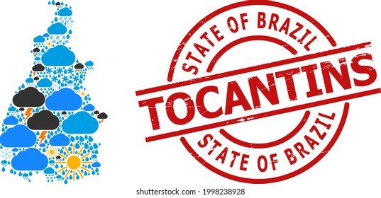 Climate collage map of Tocantins State, and scratched red round badge. Geographic vector composition map of Tocantins State is organized with scattered rain, cloud, sun, thunderstorm.