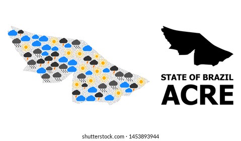 Climate collage vector map of Acre State. Geographic collage map of Acre State is designed from scattered rain, cloud, sun, thunderstorm items. Vector flat illustration for climate news.
