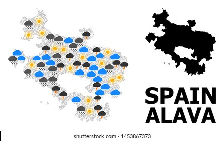 Climate collage vector map of Alava Province. Geographic collage map of Alava Province is done with randomized rain, cloud, sun, thunderstorm icons. Vector flat illustration for climate news.