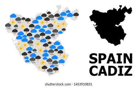 Climate collage vector map of Cadiz Province. Geographic collage map of Cadiz Province is created with random rain, cloud, sun, thunderstorm icons. Vector flat illustration for climate news.