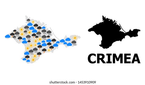 Climate collage vector map of Crimea. Geographic collage map of Crimea is created from random rain, cloud, sun, thunderstorm. Vector flat illustration for climate predictions.