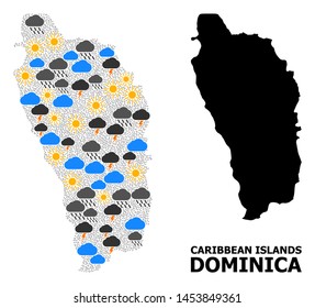 Climate collage vector map of Dominica Island. Geographic collage map of Dominica Island is created from randomized rain, cloud, sun, thunderstorm elements.