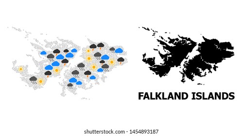 Climate collage vector map of Falkland Islands. Geographic collage map of Falkland Islands is created from scattered rain, cloud, sun, thunderstorm elements.