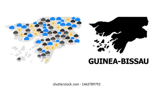 Climate collage vector map of Guinea-Bissau. Geographic mosaic map of Guinea-Bissau is organized with scattered rain, cloud, sun, thunderstorm symbols.