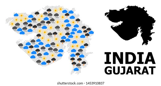 Climate Collage Vector Map Of Gujarat State. Geographic Collage Map Of Gujarat State Is Designed With Random Rain, Cloud, Sun, Thunderstorm. Vector Flat Illustration For Climate News.