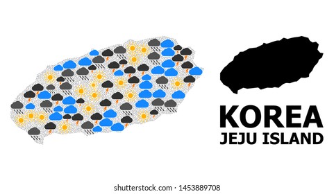 Climate collage vector map of Jeju Island. Geographic collage map of Jeju Island is constructed with scattered rain, cloud, sun, thunderstorm. Vector flat illustration for climate forecst.