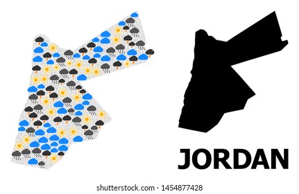 Climate collage vector map of Jordan. Geographic mosaic map of Jordan is constructed from random rain, cloud, sun, thunderstorm icons. Vector flat illustration for climate news.