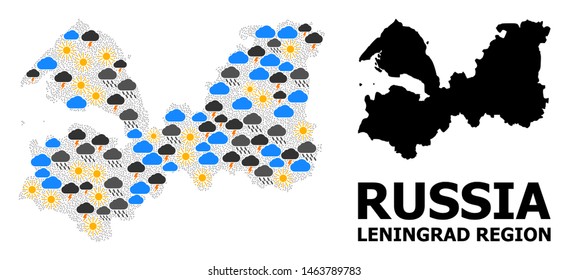 Climate collage vector map of Leningrad Region. Geographic collage map of Leningrad Region is done with randomized rain, cloud, sun, thunderstorm items. Vector flat illustration for climate news.