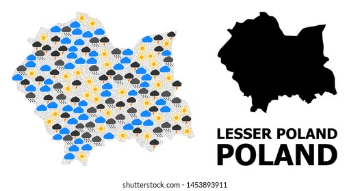 Climate collage vector map of Lesser Poland Province. Geographic collage map of Lesser Poland Province is organized from scattered rain, cloud, sun, thunderstorm.