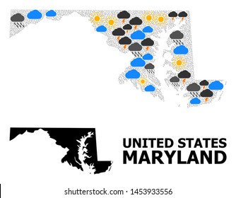 Climate collage vector map of Maryland State. Geographic collage map of Maryland State is done from randomized rain, cloud, sun, thunderstorm icons. Vector flat illustration for weather forecst.