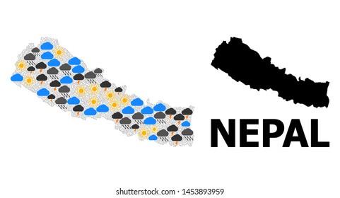 Climate collage vector map of Nepal. Geographic collage map of Nepal is combined from random rain, cloud, sun, thunderstorm elements. Vector flat illustration for climate news.