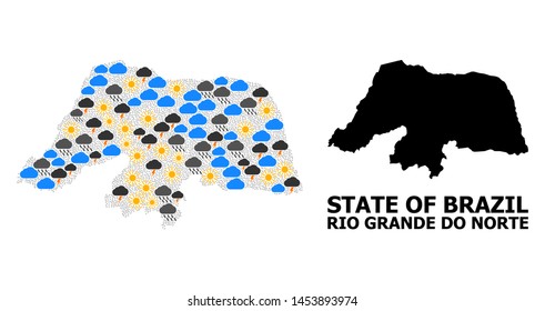 Climate collage vector map of Rio Grande do Norte State. Geographic collage map of Rio Grande do Norte State is constructed with random rain, cloud, sun, thunderstorm icons.