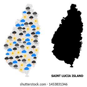 Climate collage vector map of Saint Lucia Island. Geographic collage map of Saint Lucia Island is designed from random rain, cloud, sun, thunderstorm elements.
