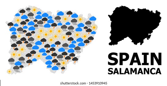 Climate collage vector map of Salamanca Province. Geographic collage map of Salamanca Province is organized from randomized rain, cloud, sun, thunderstorm elements.