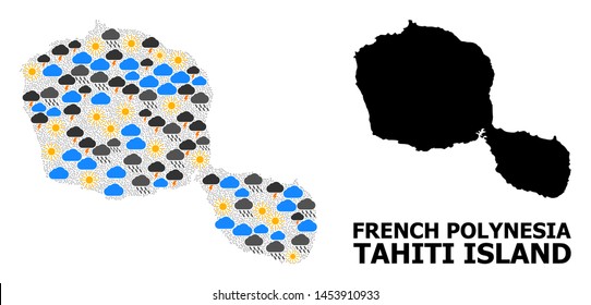 Climate collage vector map of Tahiti Island. Geographic collage map of Tahiti Island is constructed from scattered rain, cloud, sun, thunderstorm symbols.