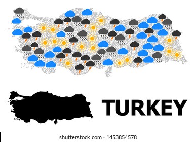 Climate collage vector map of Turkey. Geographic collage map of Turkey is created from random rain, cloud, sun, thunderstorm. Vector flat illustration for weather forecst.