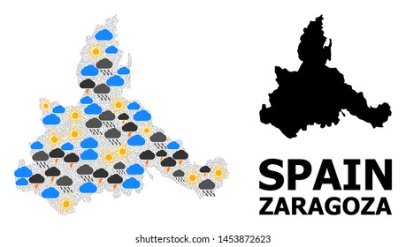 Climate collage vector map of Zaragoza Province. Geographic concept map of Zaragoza Province is combined with randomized rain, cloud, sun, thunderstorm elements.