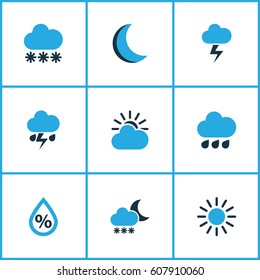 Climate Colored Icons Set. Collection Of Lightning, Thunderstorm, Snowfall And Other Elements. Also Includes Symbols Such As Drop, Forecast, Moonlight.