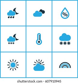 Climate Colored Icons Set. Collection Of Sunny, Overcast, Snowfall And Other Elements. Also Includes Symbols Such As Rainbow, Summer, Sun.
