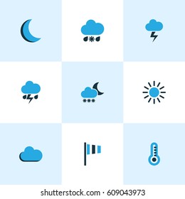 Climate Colored Icons Set. Collection Of Cold Weather, Wind Speed, Sunny And Other Elements. Also Includes Symbols Such As Blizzard, Moon, Night. Climate Colored Icons Set. Collection Of Cold Weather, Wind Speed, Sunny And Other Elements. Also Includes Symbols Such As Blizzard, Moon, Night.