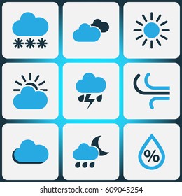 Climate Colored Icons Set. Collection Of Sunny, Snowfall, Humidity And Other Elements. Also Includes Symbols Such As Percent, Storm, Sun.
