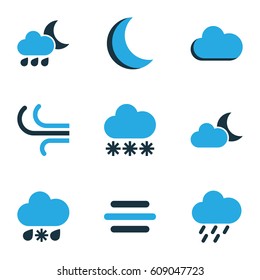 Climate Colored Icons Set. Collection Of Rainstorm, Snowfall, Fog And Other Elements. Also Includes Symbols Such As Gust, Rain, Winter.